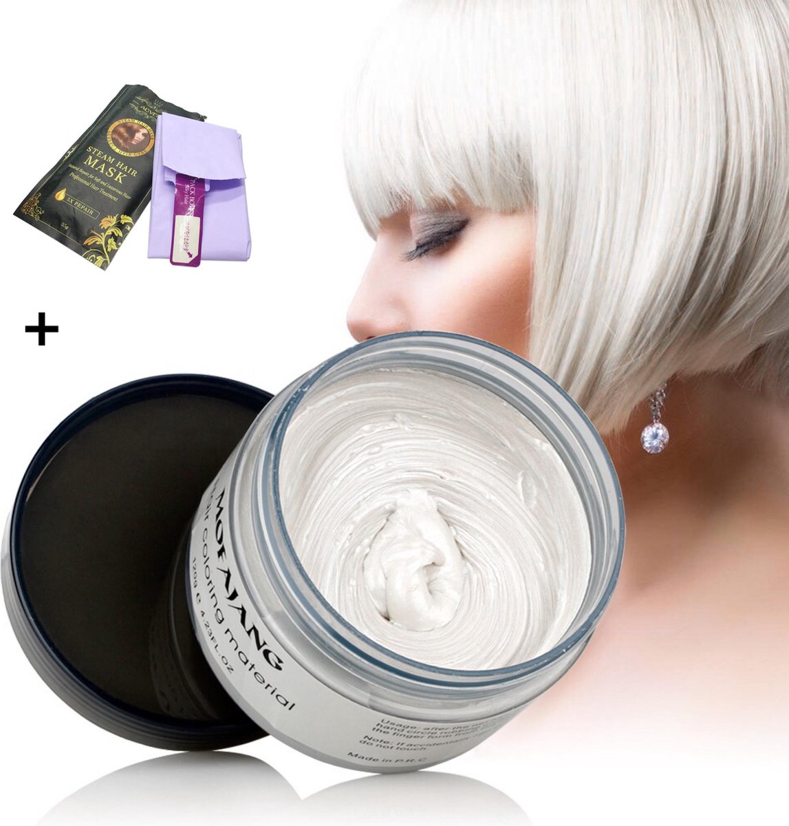 Mofajang Japanse Haarkleur wax|Wit|Inclusief haarmasker met haarcap|Haarverf|Tijdelijk haarkleur verandering|Carnaval/Cosplay natuurlijk haarcrème|